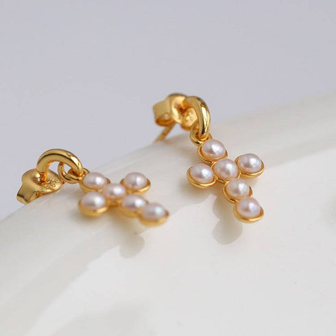 Vintage Cross Pearl Earrings Gold Vermeil - Zafari Studio Jewelry
