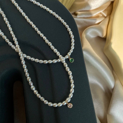 Mini emerald zircon pearl necklace (Purchase Individually) - Zafari Studio Jewelry