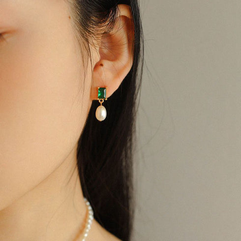 Green CZ Pearl Drop Earrings - Zafari Studio Jewelry