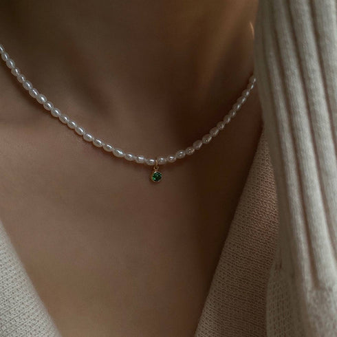 Mini emerald zircon pearl necklace (Purchase Individually) - Zafari Studio Jewelry