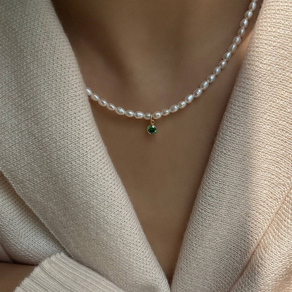 Mini emerald zircon pearl necklace (Purchase Individually) - Zafari Studio Jewelry