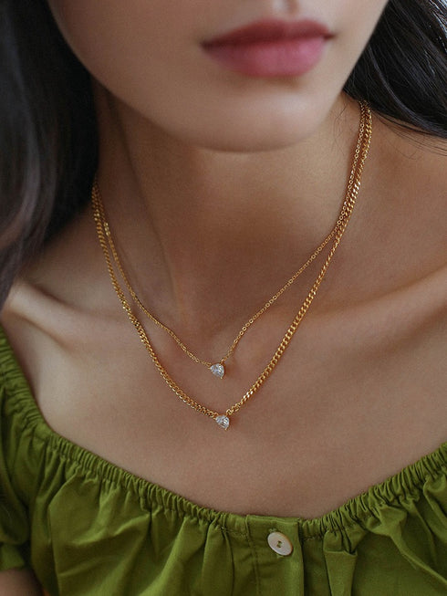 Layered Shine Heart CZ Cuba Chain Necklaces - Zafari Studio Jewelry