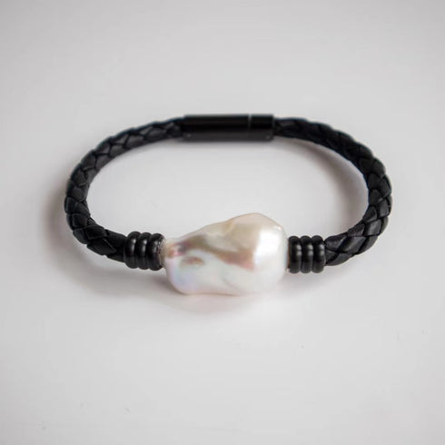 Large Baroque Pearl Leather Bracelet in Stainless Steel - Zafari Studio Jewelry