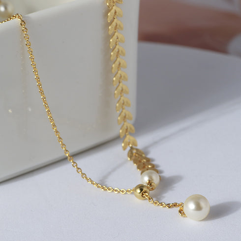 Gold Laurel Leaf Pearl Drop Necklace - Zafari Studio Jewelry