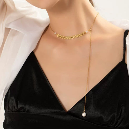 Gold Laurel Leaf Pearl Drop Necklace - Zafari Studio Jewelry
