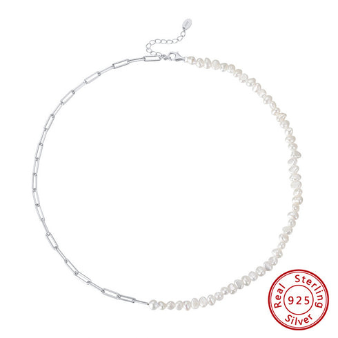 Paperclip Chain Pearl Necklace Sterling Silver - Zafari Studio Jewelry