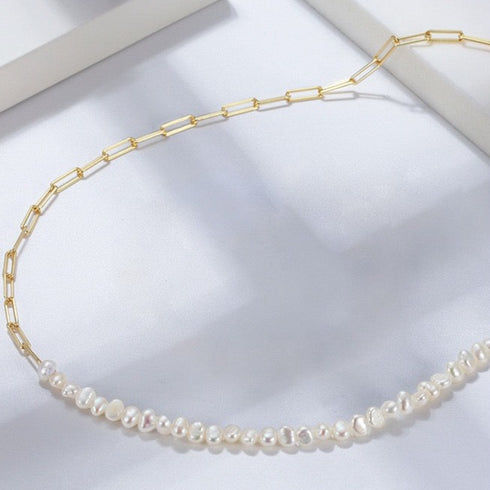 Paperclip Chain Pearl Necklace Sterling Silver - Zafari Studio Jewelry