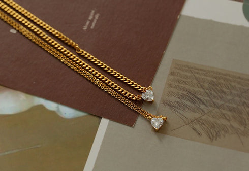 Layered Shine Heart CZ Cuba Chain Necklaces - Zafari Studio Jewelry