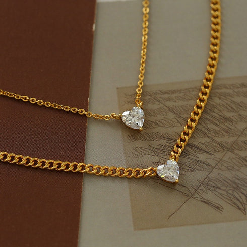 Layered Shine Heart CZ Cuba Chain Necklaces - Zafari Studio Jewelry