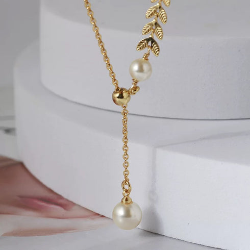 Gold Laurel Leaf Pearl Drop Necklace - Zafari Studio Jewelry