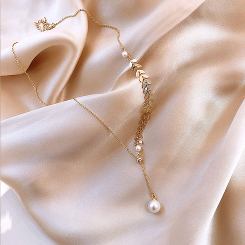 Gold Laurel Leaf Pearl Drop Necklace - Zafari Studio Jewelry