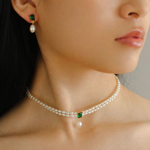 Super-Slim Freshwater Pearl Double Strand Emerald Layer Necklace - Zafari Studio Jewelry