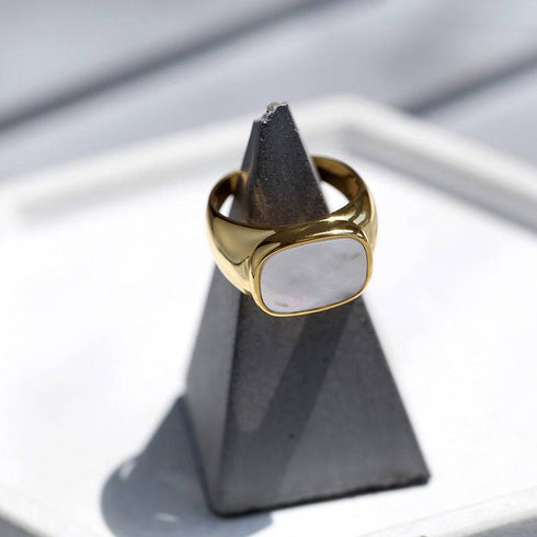 Square White Mother of Pearls Shell Black Onyx Ring Gold Vermeil - Zafari Studio Jewelry