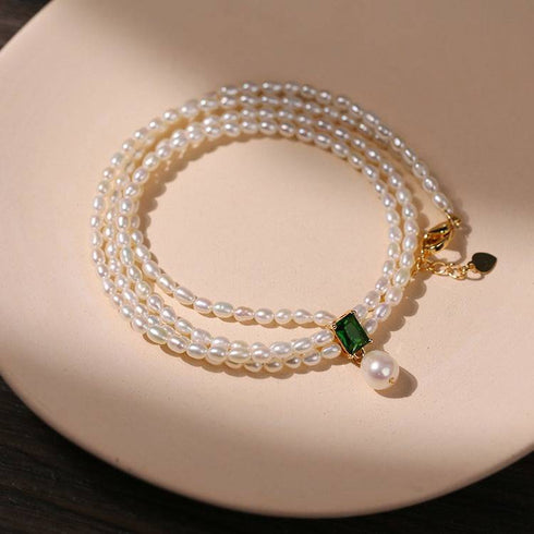 Super-Slim Freshwater Pearl Double Strand Emerald Layer Necklace - Zafari Studio Jewelry