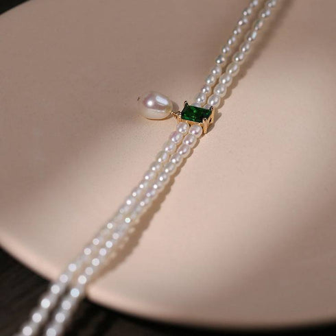 Super-Slim Freshwater Pearl Double Strand Emerald Layer Necklace - Zafari Studio Jewelry