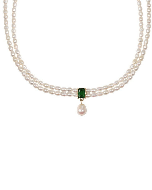 Super-Slim Freshwater Pearl Double Strand Emerald Layer Necklace - Zafari Studio Jewelry