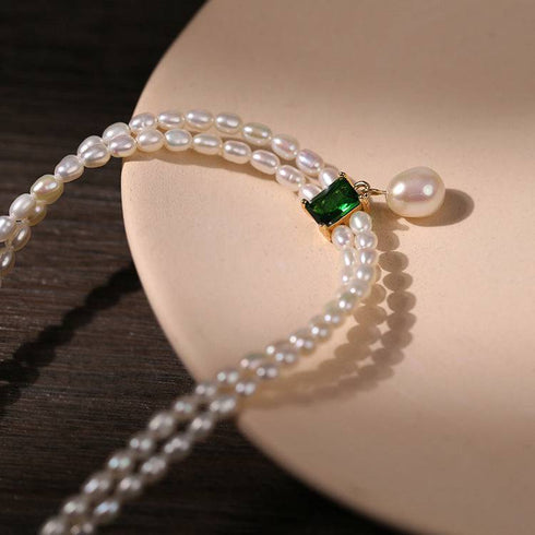 Super-Slim Freshwater Pearl Double Strand Emerald Layer Necklace - Zafari Studio Jewelry