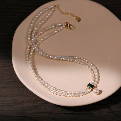 Super-Slim Freshwater Pearl Double Strand Emerald Layer Necklace - Zafari Studio Jewelry