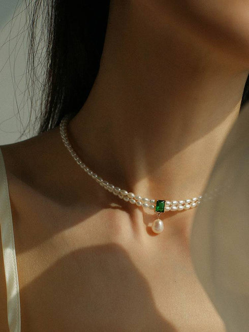 Super-Slim Freshwater Pearl Double Strand Emerald Layer Necklace - Zafari Studio Jewelry