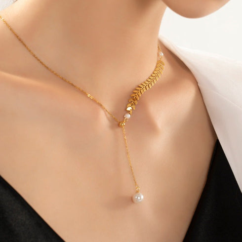 Gold Laurel Leaf Pearl Drop Necklace - Zafari Studio Jewelry