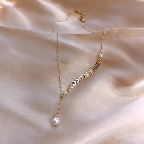 Gold Laurel Leaf Pearl Drop Necklace - Zafari Studio Jewelry