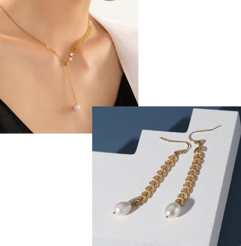 Gold Laurel Leaf Pearl Drop Necklace - Zafari Studio Jewelry