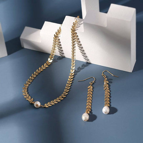 Gold Laurel Leaf Matching Pearl & Earrings Set (Sold Separately) - Zafari Studio Jewelry