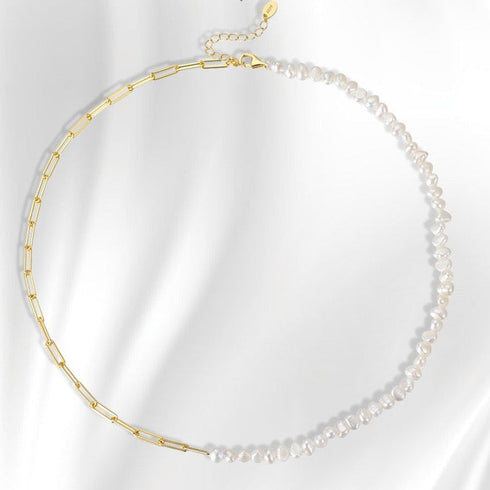 Paperclip Chain Pearl Necklace Sterling Silver - Zafari Studio Jewelry