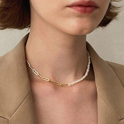 Paperclip Chain Pearl Necklace Sterling Silver - Zafari Studio Jewelry