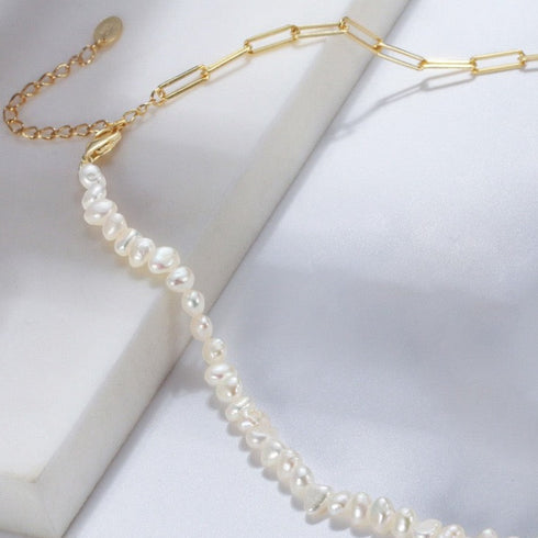 Paperclip Chain Pearl Necklace Sterling Silver - Zafari Studio Jewelry
