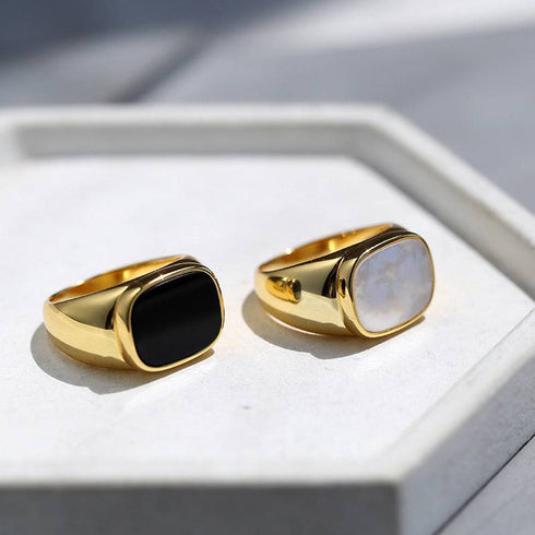 Square White Mother of Pearls Shell Black Onyx Ring Gold Vermeil - Zafari Studio Jewelry