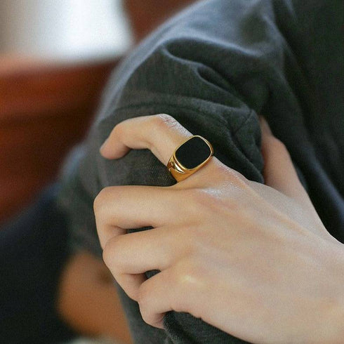 Square White Mother of Pearls Shell Black Onyx Ring Gold Vermeil - Zafari Studio Jewelry