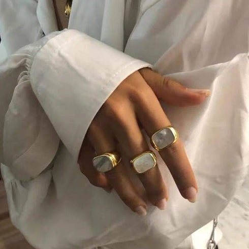 Square White Mother of Pearls Shell Black Onyx Ring Gold Vermeil - Zafari Studio Jewelry