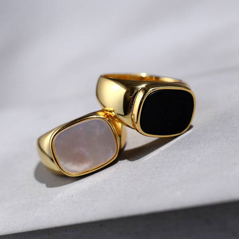 Square White Mother of Pearls Shell Black Onyx Ring Gold Vermeil - Zafari Studio Jewelry