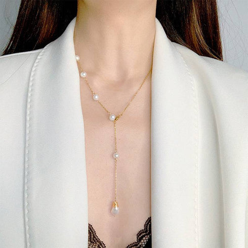 Elle One Side Pearl Long Chain Necklace - Zafari Studio Jewelry