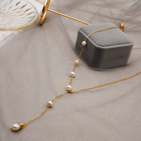 Elle One Side Pearl Long Chain Necklace - Zafari Studio Jewelry