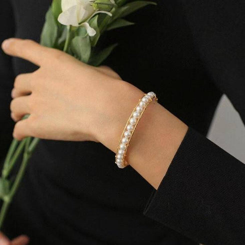 JULIANA 14K Yellow Gold Bangle Bolo Pearl Bracelet - Zafari Studio Jewelry