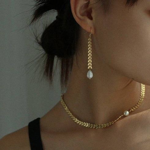 Gold Laurel Leaf Matching Pearl & Earrings Set (Sold Separately) - Zafari Studio Jewelry