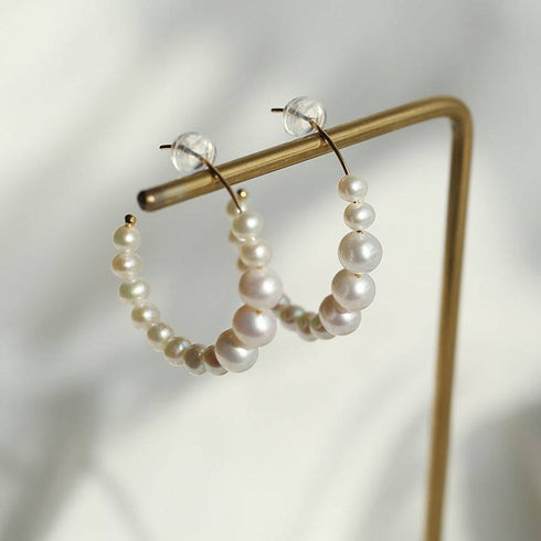 C Shape Pearl Hoops Earrings 14K Yellow Gold - Zafari Studio Jewelry
