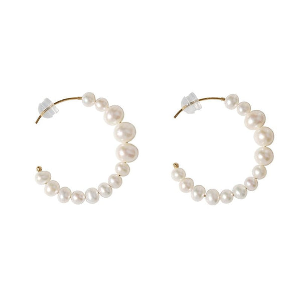C Shape Pearl Hoops Earrings 14K Yellow Gold - Zafari Studio Jewelry