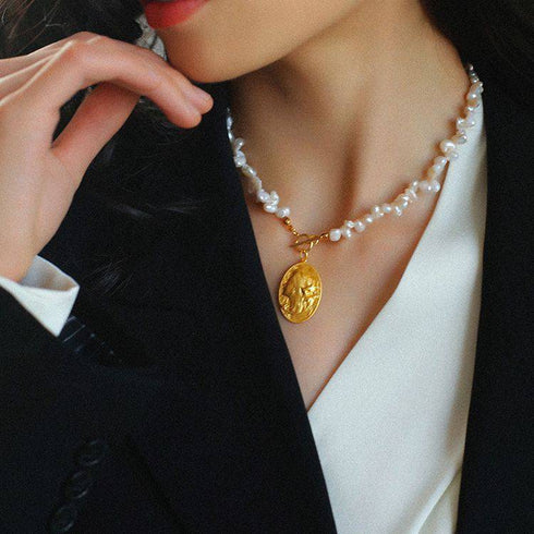 Oval Goddess Gold Coin Pearl Necklace and Earrings (Purchase Individually) - Zafari Studio Jewelry