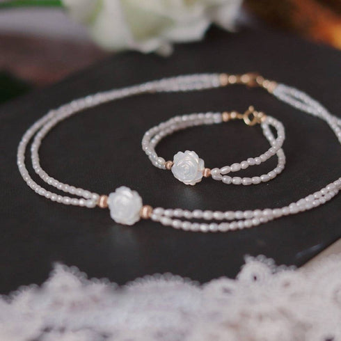 Rose Carvered Mother of Pearls Shell Layered Pearls Necklace and Bracelet (Purchase Individually) - Zafari Studio Jewelry