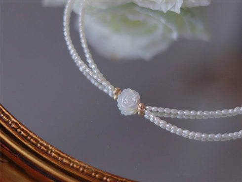 Rose Carvered Mother of Pearls Shell Layered Pearls Necklace and Bracelet (Purchase Individually) - Zafari Studio Jewelry