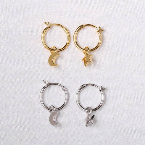 Star Moon Mini Hoop Earrings Sterling Silver - Zafari Studio Jewelry
