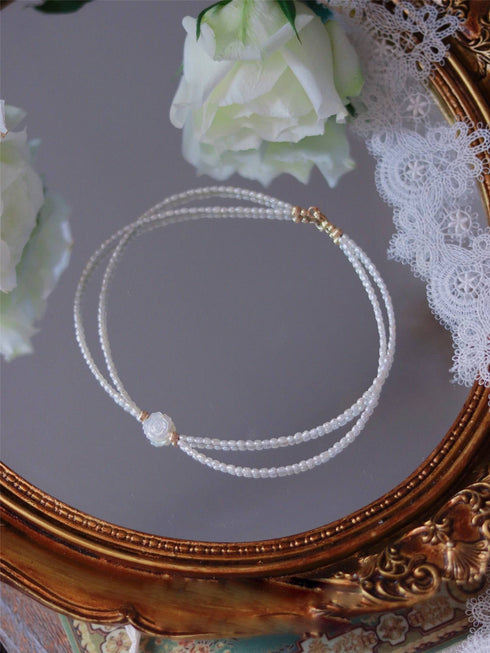 Rose Carvered Mother of Pearls Shell Layered Pearls Necklace and Bracelet (Purchase Individually) - Zafari Studio Jewelry