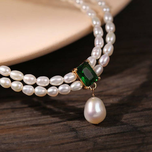 Super-Slim Freshwater Pearl Double Strand Emerald Layer Necklace - Zafari Studio Jewelry