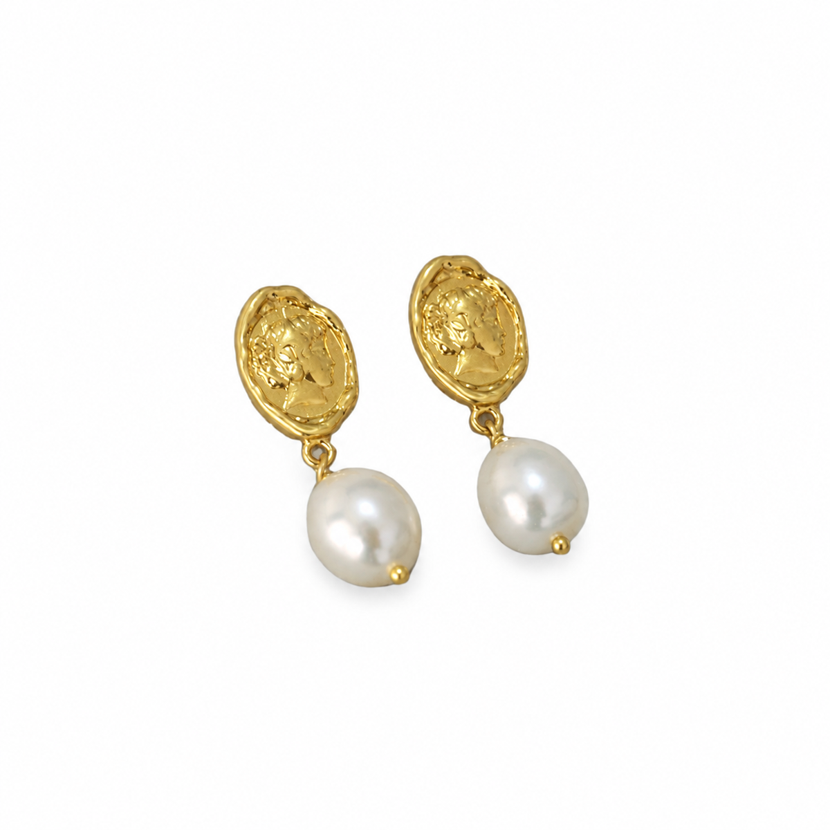 Coin Pearl Drop Earrings shown as a pair on a white background.