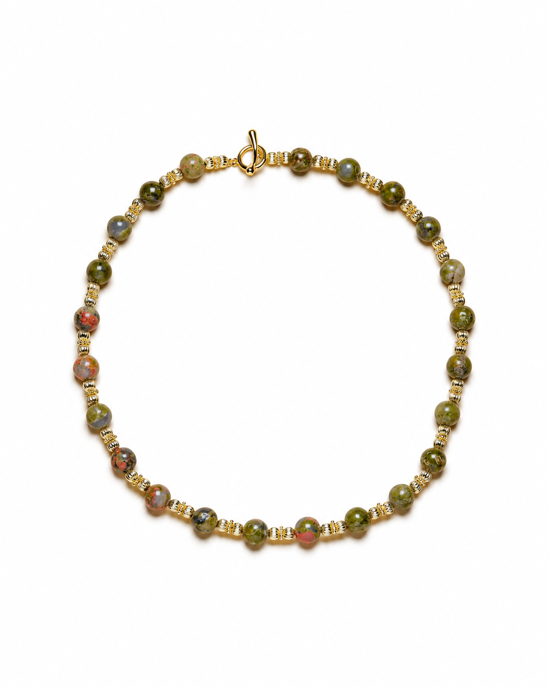 Green Jasper Beaded Necklace on a white background.