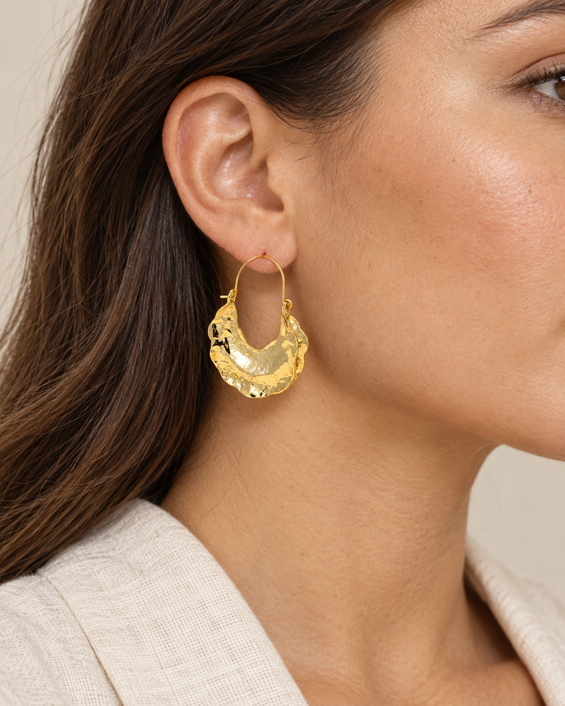 Hammered Crescent Earrings shown worn for scale.