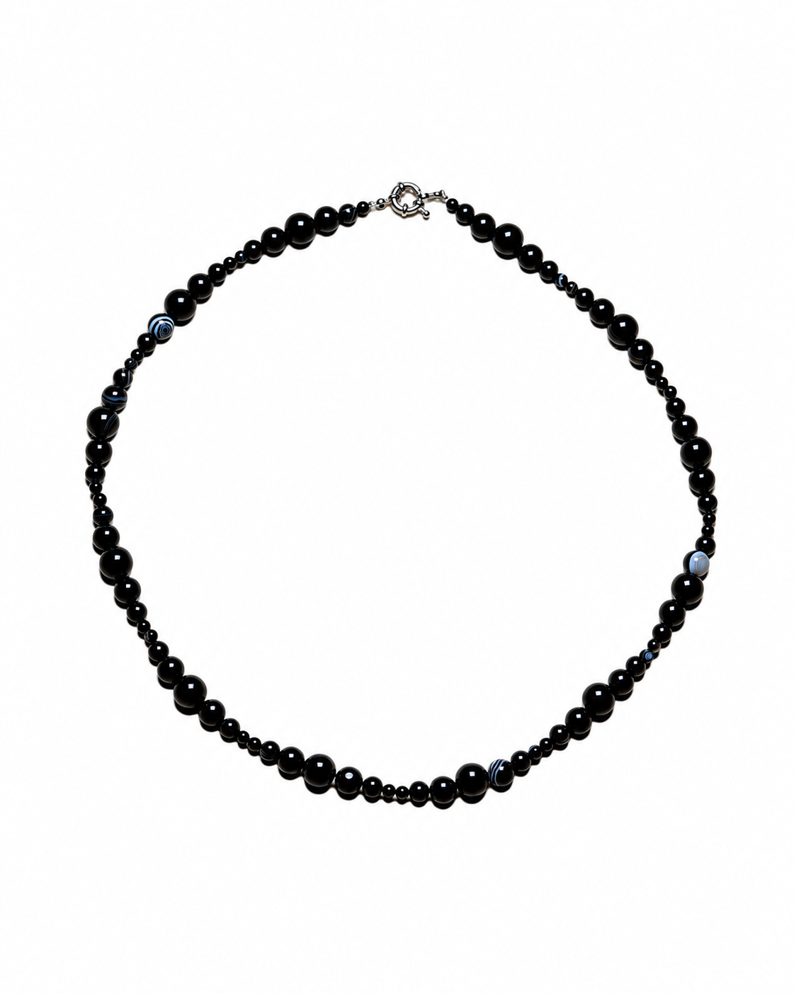 Graphic Black Bead Necklace on a white background.